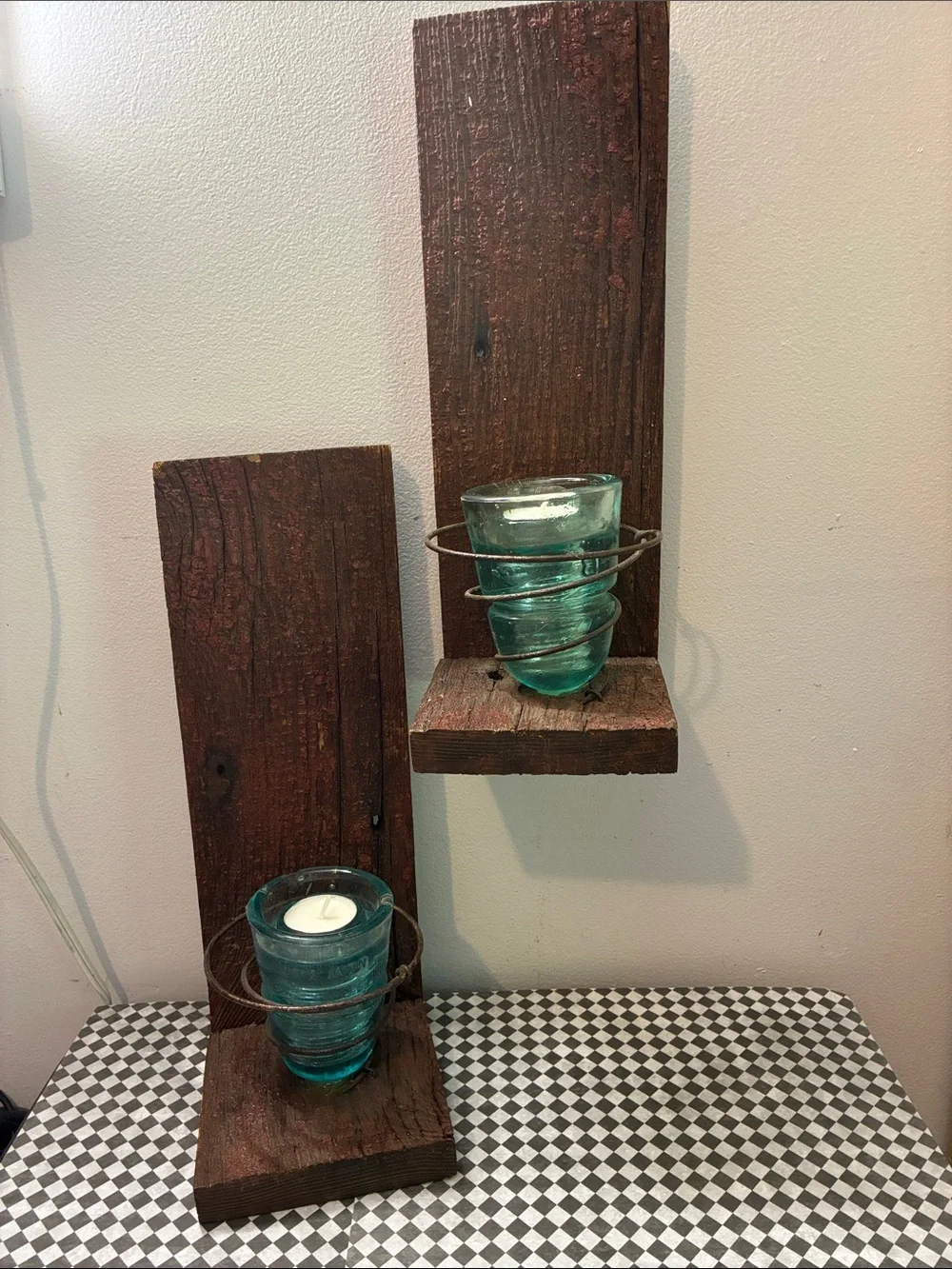 Rustic Wood Wall Sconces with Aqua Glass ( insulators) Votive Holders